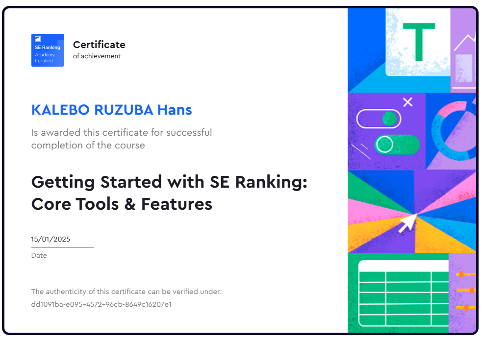 Introduction SE Ranking certificat pour Kalebo Ruzuba Hans