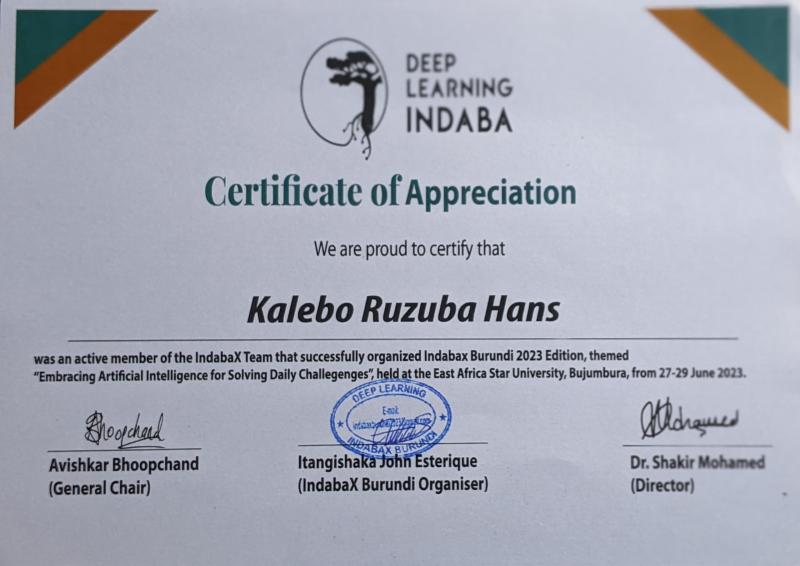 Kalebo Ruzuba Hans deeplearning indabax certificat 2023