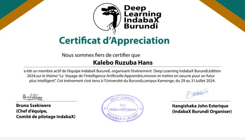 deeplearning indabax certification pour Kalebo Ruzuba Hnas 2024