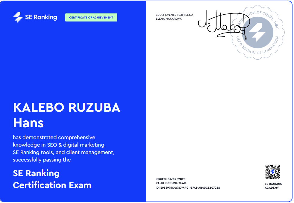 Kalebo Ruzuba Hans SE Certificat