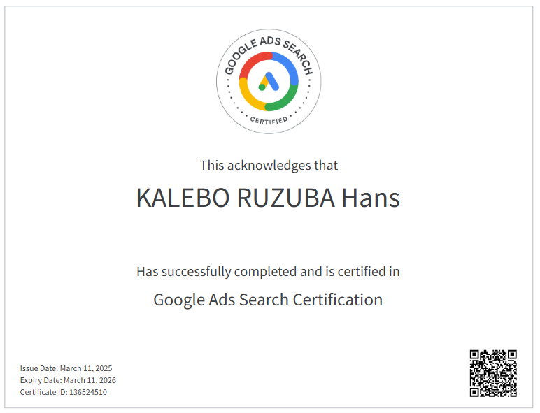 Kalebo Ruazuba Hans Google Ads Search certification