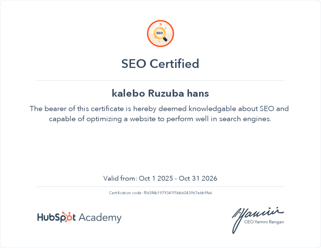SEO certificat pour kalebo ruzuba hans