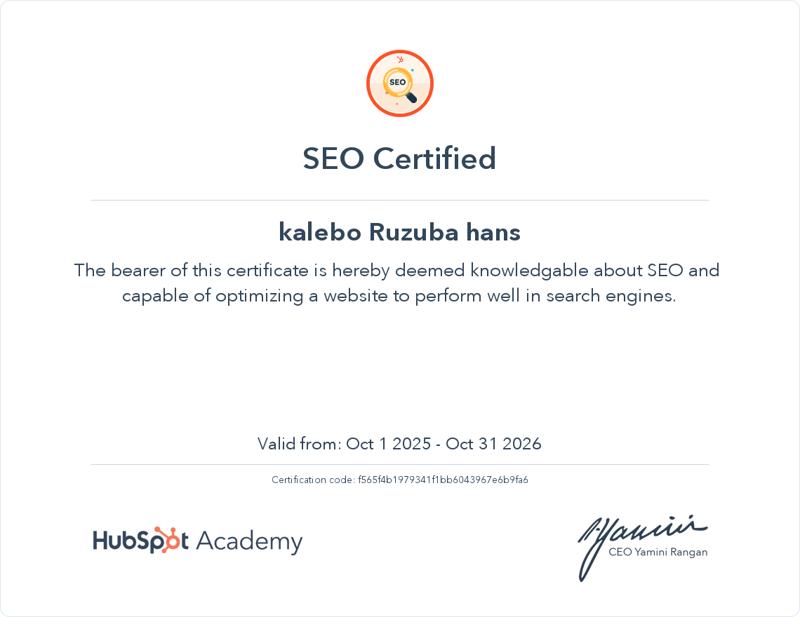 SEO certificat pour kalebo ruzuba hans
